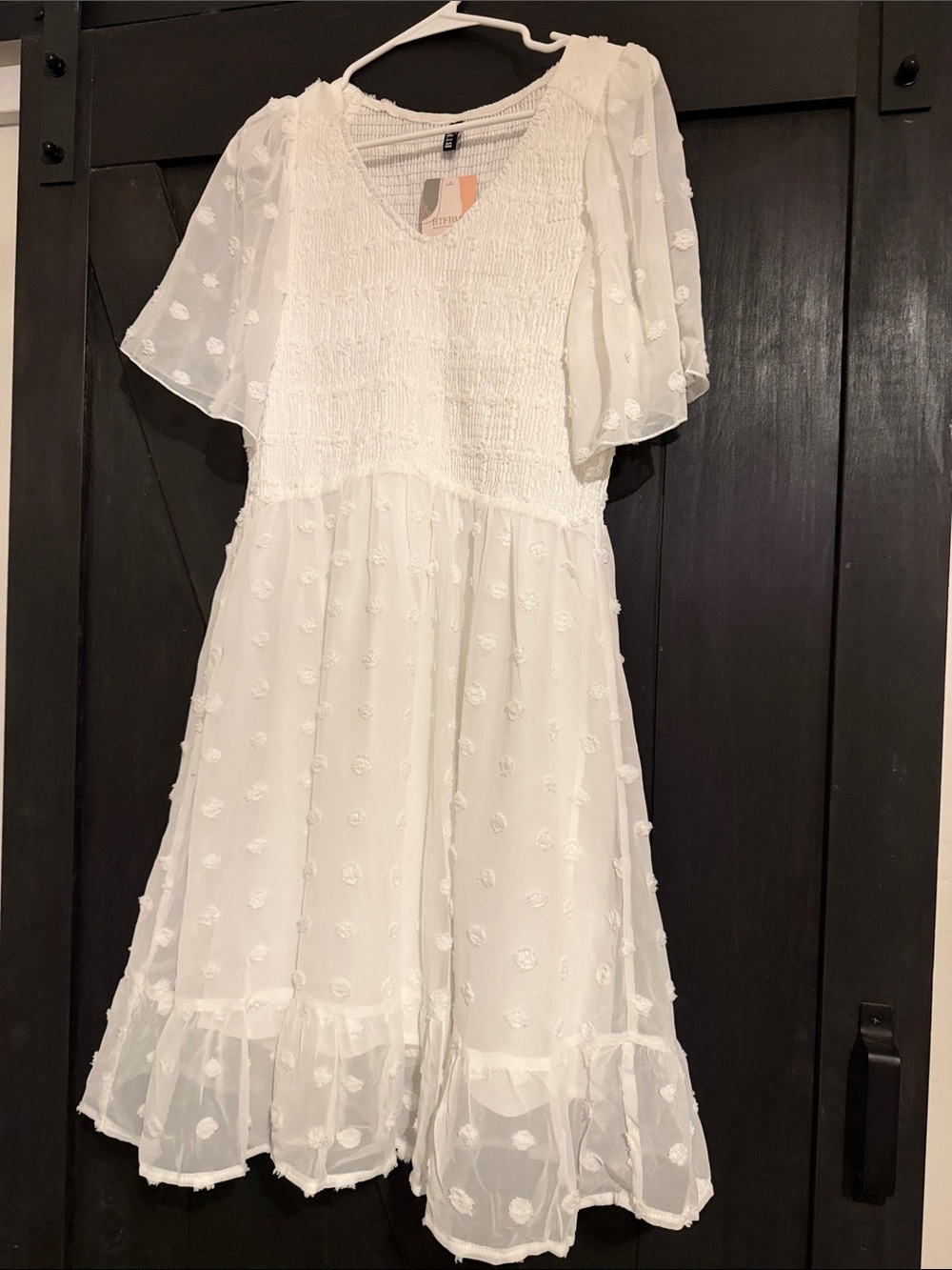 White Textured Swiss-Dot Smocked Midi Dress